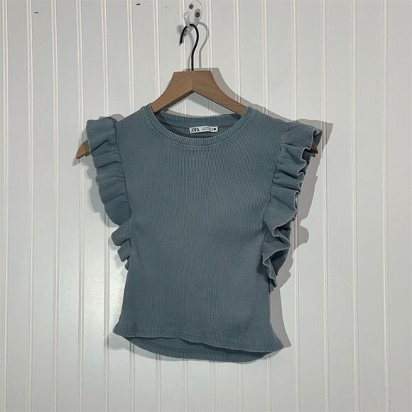 Zara Ribbed Ruffle Sleeve Tank Top Small S Slate Blue Gray Cotton Stretch Casual - Picture 1 of 8
